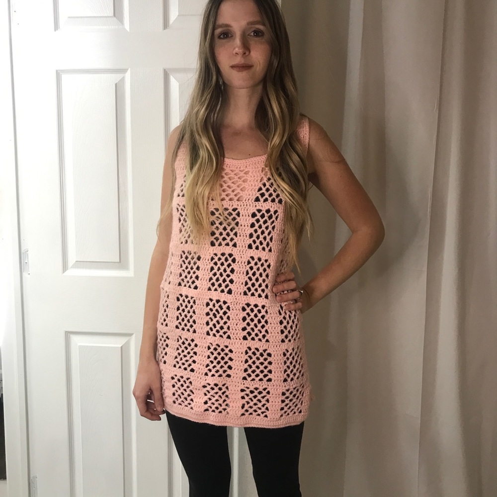 Vintage Pink Crocheted Sweater, Sweater Vest, Mini Dress, Grannycore Cottagecore - Picture 2 of 13